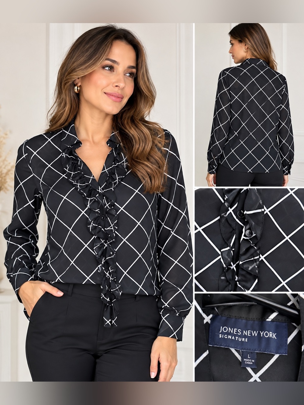 Jones New York Black and White Windowpane Ruffle Button-Down Blouse